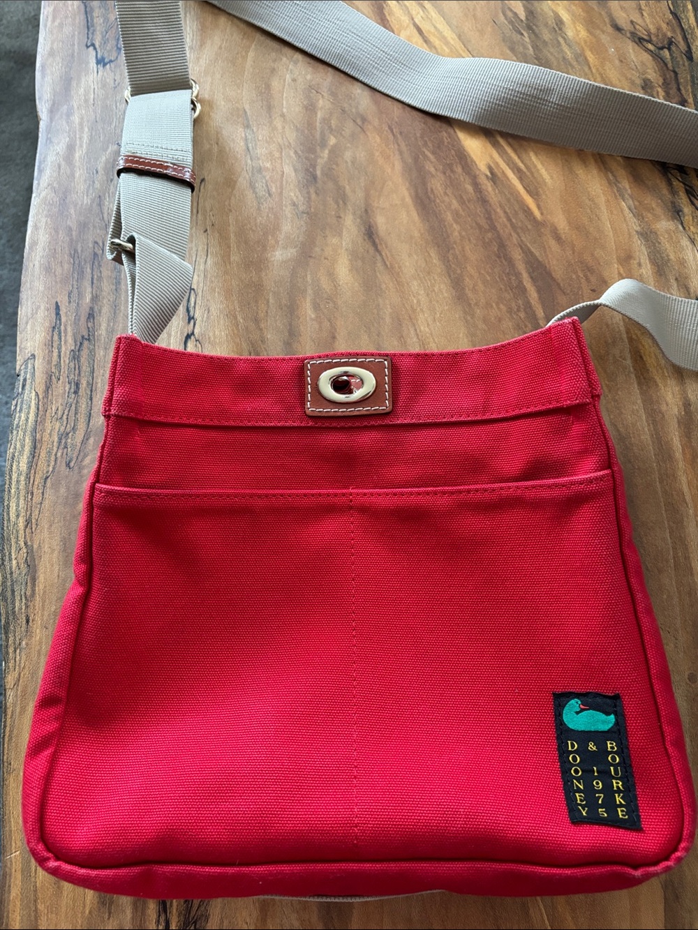 Dooney & Bourke Red Canvas Crossbody with Tan Strap